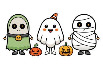 Cartoon Halloween Characters and Pumpkins Adorable Spooky Festive Illustration