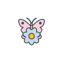Pink butterfly on a light blue flower with yellow center insect bloom