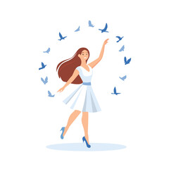 Woman in white dress with blue birds flying around her freedom