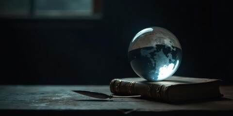 A celestial sphere rests on an antique book, accompanied by a quill pen, a scene evocative of exploration and knowledge.