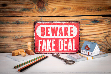 Beware Fake Deal Warning with Model House, Money, Stamps, and Office Supplies on Desk