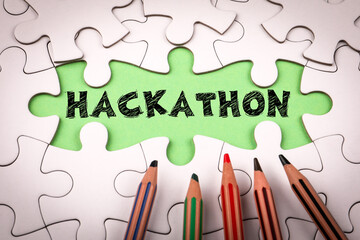 Hackathon Puzzle Concept with Innovation, Coding, and Team Collaboration for Technology Event...