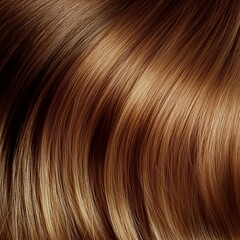 A bottle of shiny hair serum sits next to a strand of light brown hair arranged in an elegant curl. The product stands out with its shiny texture and backlight. Beauty product photography.