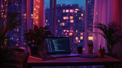 Nighttime coder home office setup overlooking the city skyline atmosphere