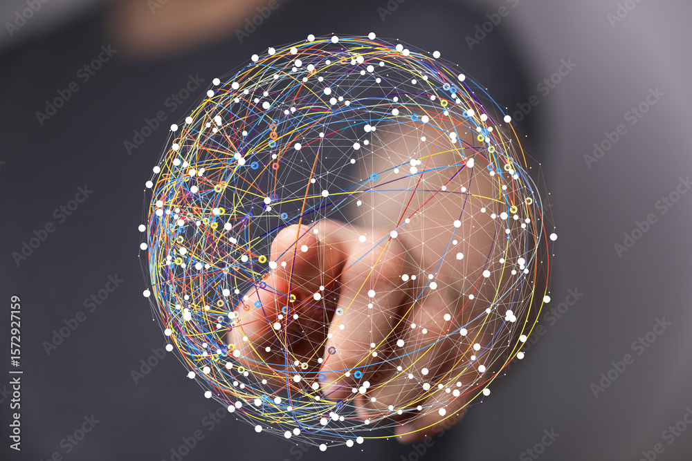 Poster abstract image of a hand interacting with a digital globe, representing global connectivity and netw