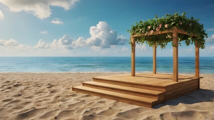 Beach Podium Summer Background – Tropical Coastal Scene with Sand, Sea, and Sun Ideal for Product Display, Summer Promotions, Cosmetics, and Travel Branding Visuals

