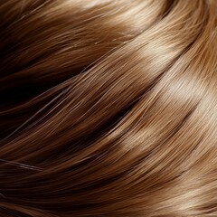 A bottle of shiny hair serum sits next to a strand of light brown hair arranged in an elegant curl. The product stands out with its shiny texture and backlight. Beauty product photography.