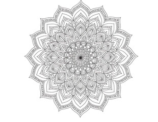 Intricate black and white mandala design with repeating floral patterns isolated on transparent background