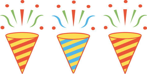 Obraz premium Three festive party poppers exploding with colorful confetti and streamers against a clean white background