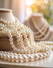 Elegant strands of lustrous white pearls draped over a display, with a soft, sunlit bokeh background, symbolizing beauty and luxury.