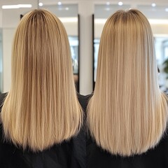 Transformation of female caucasian youthful hair, before and after keratin treatment.