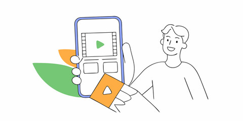 Man interacting with video app on smartphone, a clean line art style for modern technology and social media use, great for application logos.