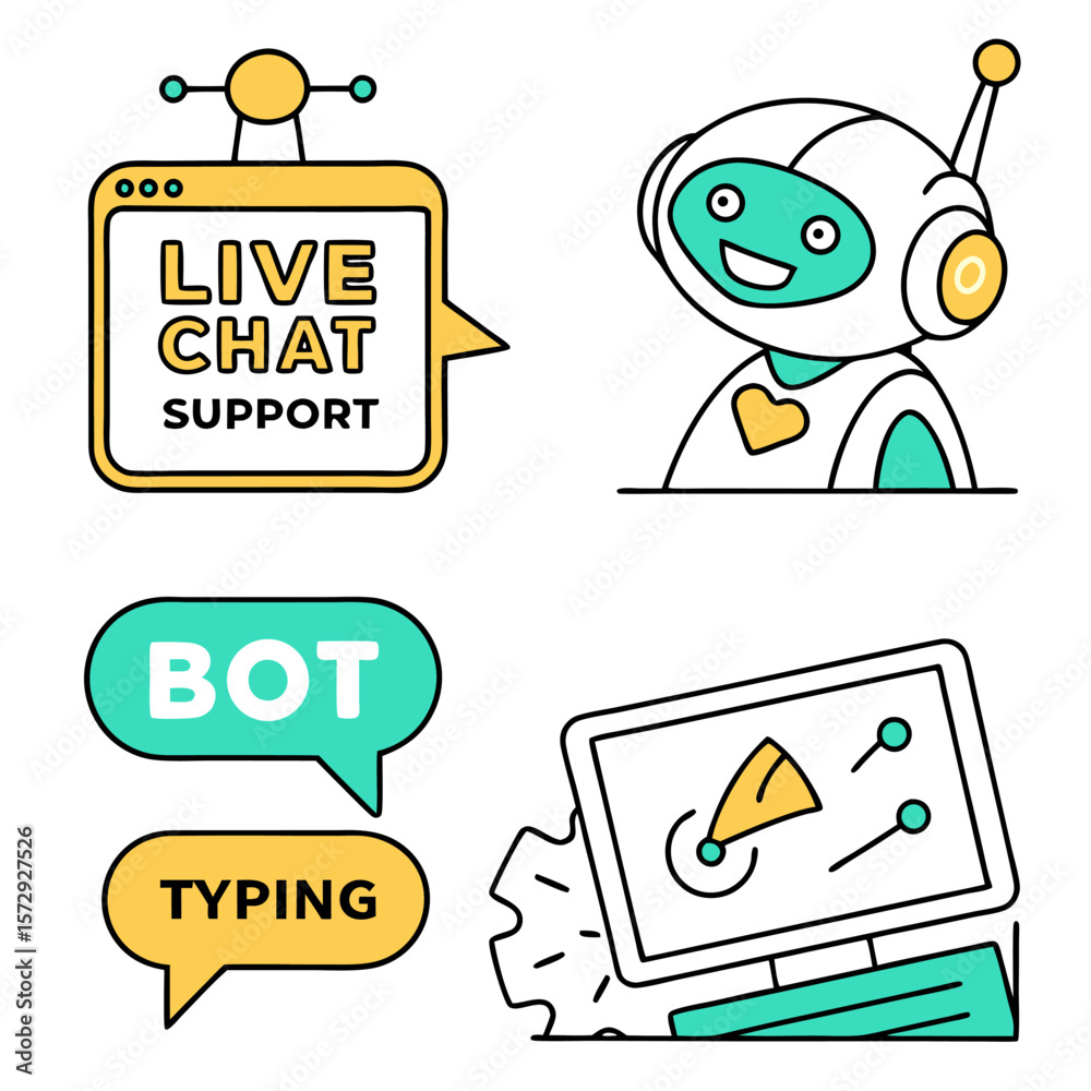 Poster Illustration of a robot assistant providing live chat support with bot typing and a computer interface icon