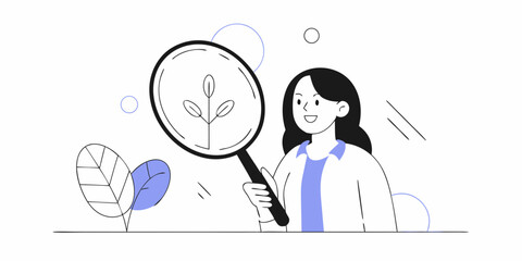 Woman with magnifying glass examines a growing plant, suitable for use in ecology, science and organic concept design projects.