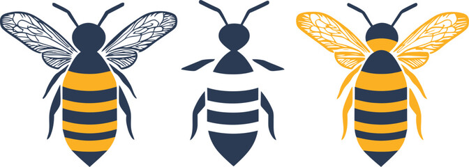 Three bee icons in a row on a black background, two are white