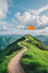 Winding narrow mountain trail path leading to hilltop orange flag on summit, blue sky, achievement, success journey, motivation, perseverance, outdoor adventure, challenge, Motivation Monday