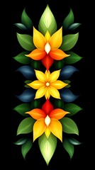 Stylized floral arrangement featuring symmetry and vibrant color palettes