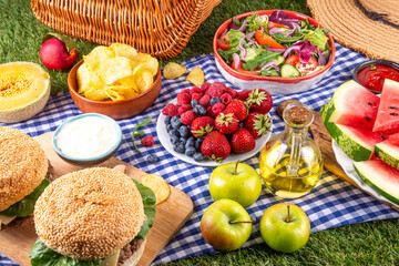 Summer picnic or BBQ brunch or lunch background, tasty barbecue table with hamburgers, salads,...