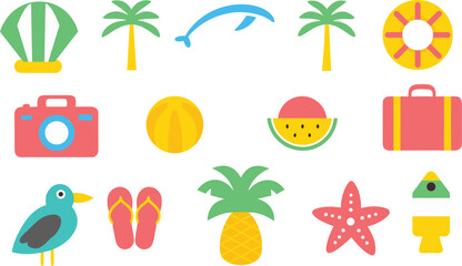 Collection of flat design summer vacation icons featuring beach and tropical elements