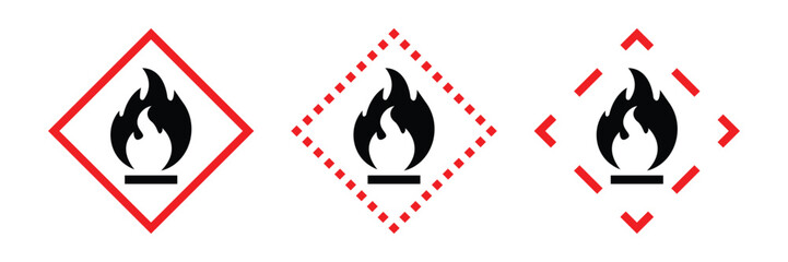 Flammable materials warning sign. Flammable substances icons set vector .
