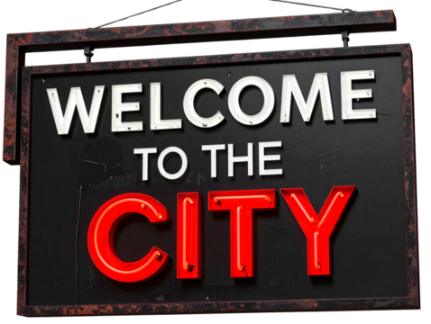  Vertical Neon Welcome Sign with Pulsing Red Light Tubes and Urban Vibes, Isolated