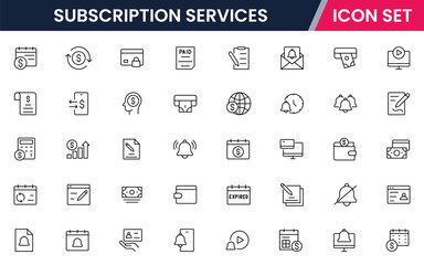 Subscription Services vector web line icon collection, sleek illustrations of plans, payments, memberships, digital access for modern, streamlined designs.