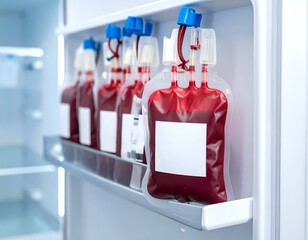 Blood bags stored in a medical refrigerator. Essential for transfusions, research, and healthcare. Symbolizes life-saving treatments and medical science.