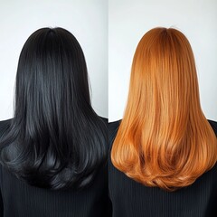Woman before and after hair coloring on white background