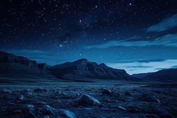 Starlit night over rocky terrain showcasing a tranquil landscape, Night landscape showcasing rocky terrain under starlit sky