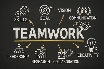 Obraz premium Teamwork concept with icons for skills goal vision communication leadership research and creativity