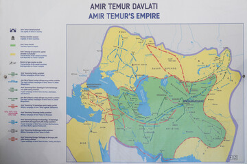 Samarkand, Uzbekistan - May 28, 2025: A map showing the borders of the Timurid empire at Timur's tomb. Borders of the Timurid state.