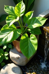 Vibrant Green Foliage Thriving Near a Serene Water Feature in a Tranquil Garden Setting