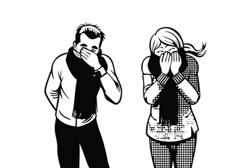 Sick Man and Woman in Pop Art Comic Style. Retro Vector Illustration with Tired Expression