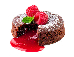 chocolate lava cake with raspberry sauce filling and fresh berries topping on isolated background gourmet dessert concept
