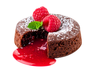 chocolate lava cake with raspberry sauce filling and fresh berries topping on isolated background gourmet dessert concept
