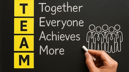 Team acronym together everyone achieves more with stick figures on a chalkboard