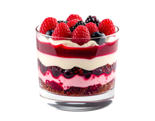 layered berry trifle dessert in clear glass with raspberry blueberry and cream on isolated background gourmet fruit parfait

