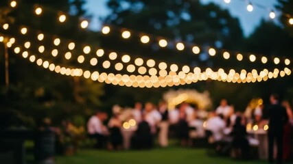 A blurry, slow panning shot of a festive garden party at night, with string lights overhead and people socializing, creating a dreamy ambiance. - Powered by Adobe
