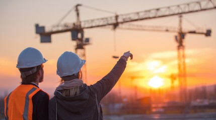 Male and female civil engineers pointing at a crane on construction