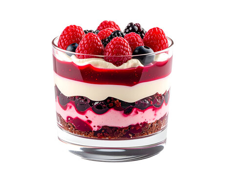 layered berry trifle dessert in clear glass with raspberry blueberry and cream on isolated background gourmet fruit parfait
