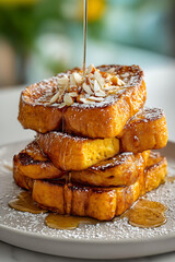 Stacked French Toast Breakfast Brunch with Syrup and Almonds - Gourmet Fluffy Texture Food Photography
