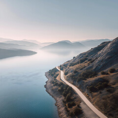 Serene Mountain Landscape with Winding River Road - A Tranquil Horizon in Peaceful Blue Tones