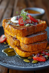 Stacked French Toast Breakfast with Maple Syrup and Strawberries - Culinary Photography of a Sweet Gourmet Brunch Dish