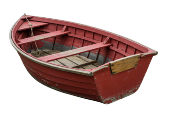 Isolated Old Red Rowboat with Weathered Wood
