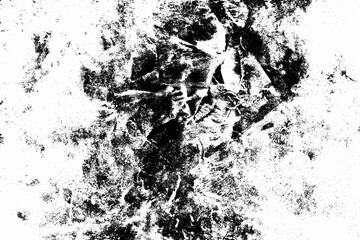 Obraz premium Abstract white background with smeared black paint marks in grunge style. Distressed rough texture resembling ink transfer or stamp smudges. Ideal for overlays, posters, banners or graphic design.