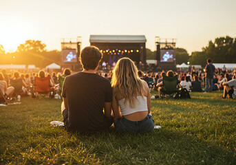 A couple watches a concert from the grass at sunset, enjoying the music.