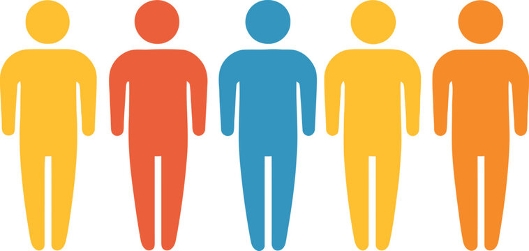 A group of five stylized figures in different color variations