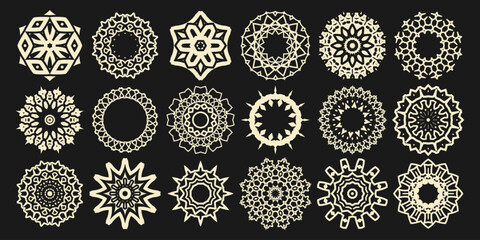 Eighteen lacy white mandalas, round ornaments, designs for your projects on a black background. Vector set