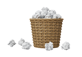 Isolated Wicker Basket Overflowing with Crumpled Paper