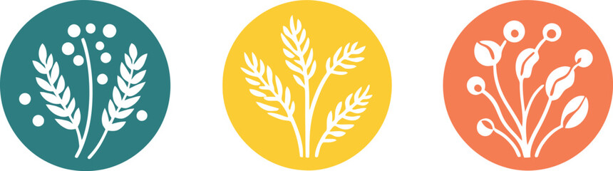 Three circular icons displaying botanical themed design elements